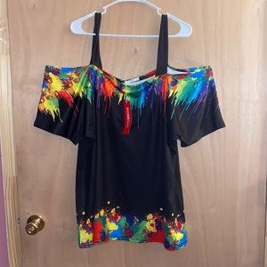 Off the shoulder black and rainbow top